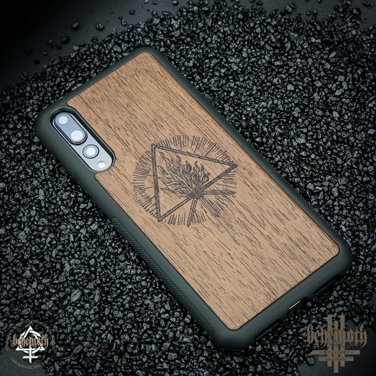 Huawei P20 Pro case with wood finishing and Behemoth 'The Unholy Trinity' logo