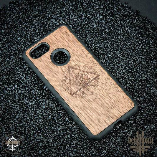 Google Pixel 3 case with wood finishing and Behemoth 'The Unholy Trinity' logo